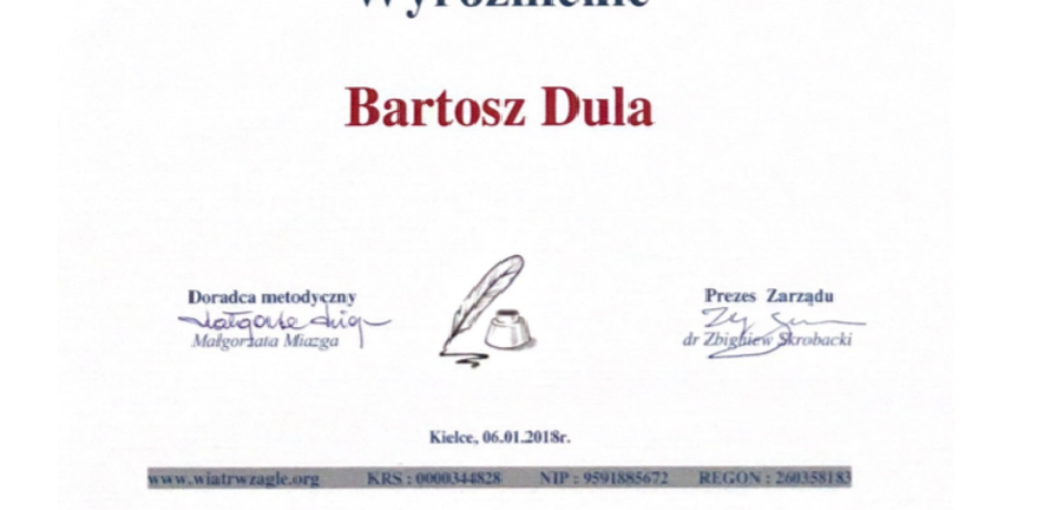 Wyróżnienie w konkursie eseistycznym dla Bartosza Duli