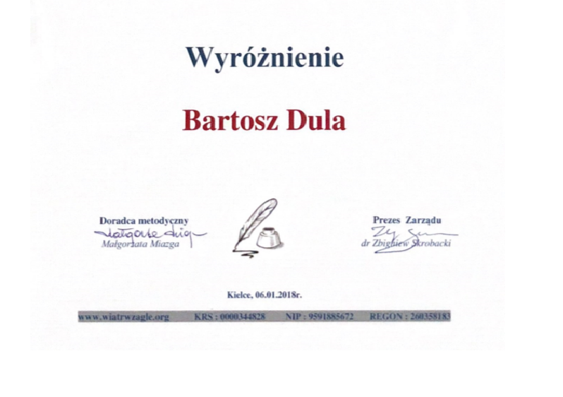 Wyróżnienie w konkursie eseistycznym dla Bartosza Duli